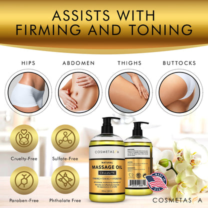 Cosmetasa Cellulite Massage Oil with Massager Mitt - 8.8 oz | Natural & Absorbent