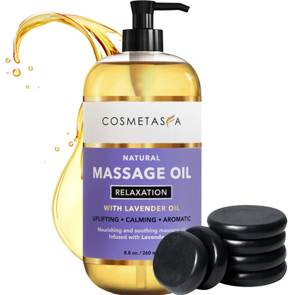 Cosmetasa Lavender Massage Oil with Hot Stones – Spa-Quality, Natural & Cruelty-Free (8.8 oz)