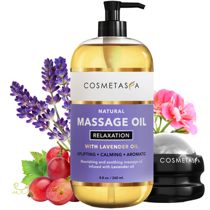 Cosmetasa Lavender Massage Oil with Roller – All Natural, Cruelty-Free Spa-Quality Skin Therapy Oil (8.8 oz)
