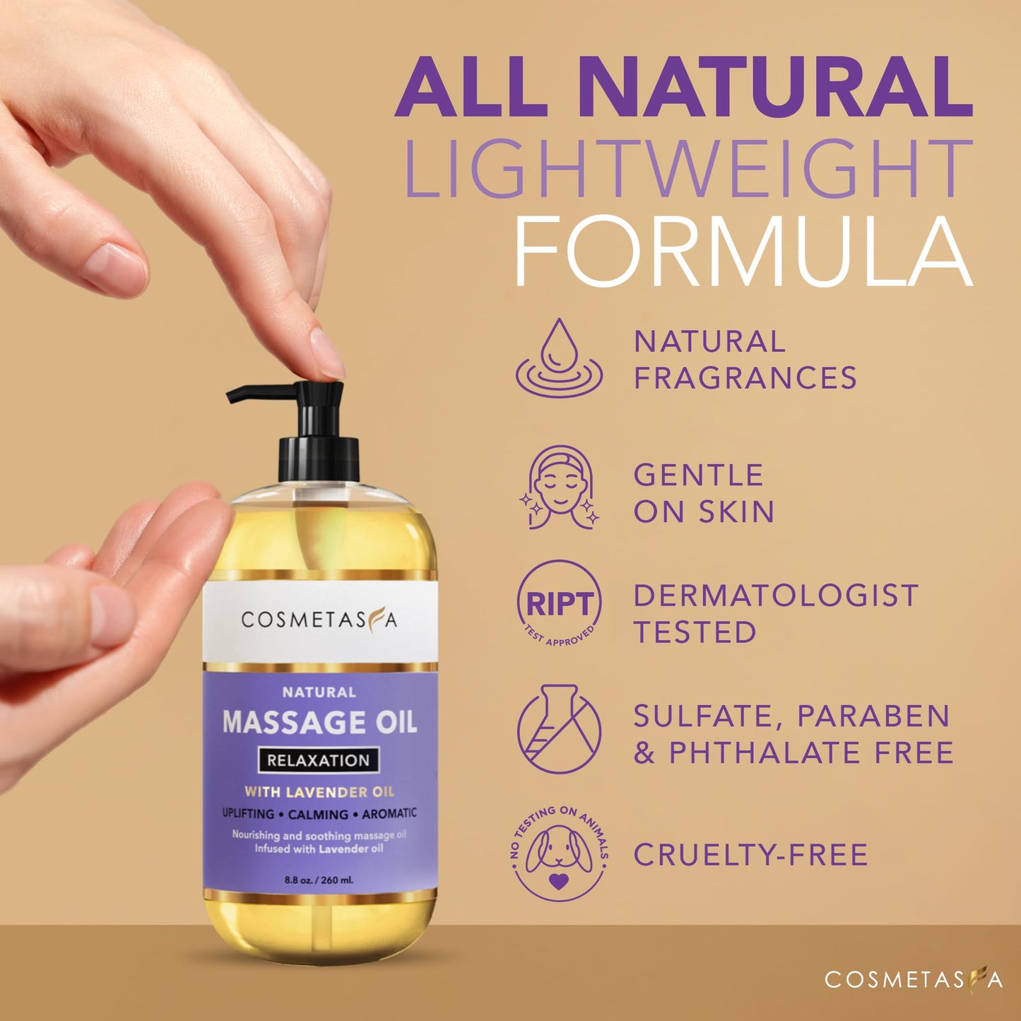 Cosmetasa Lavender Massage Oil with Roller – All Natural, Cruelty-Free Spa-Quality Skin Therapy Oil (8.8 oz)