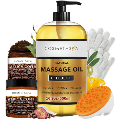 Cosmetasa Massage Oil Kit - Anti-Cellulite Spa Set with Coffee Scrub & Gloves