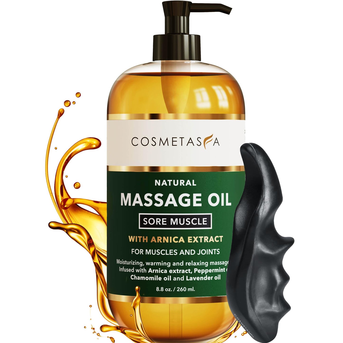 Cosmetasa Sore Muscle Massage Oil with Thumb Saver – Deep Tissue, Arnica, Peppermint & Lavender (8.8 fl oz)