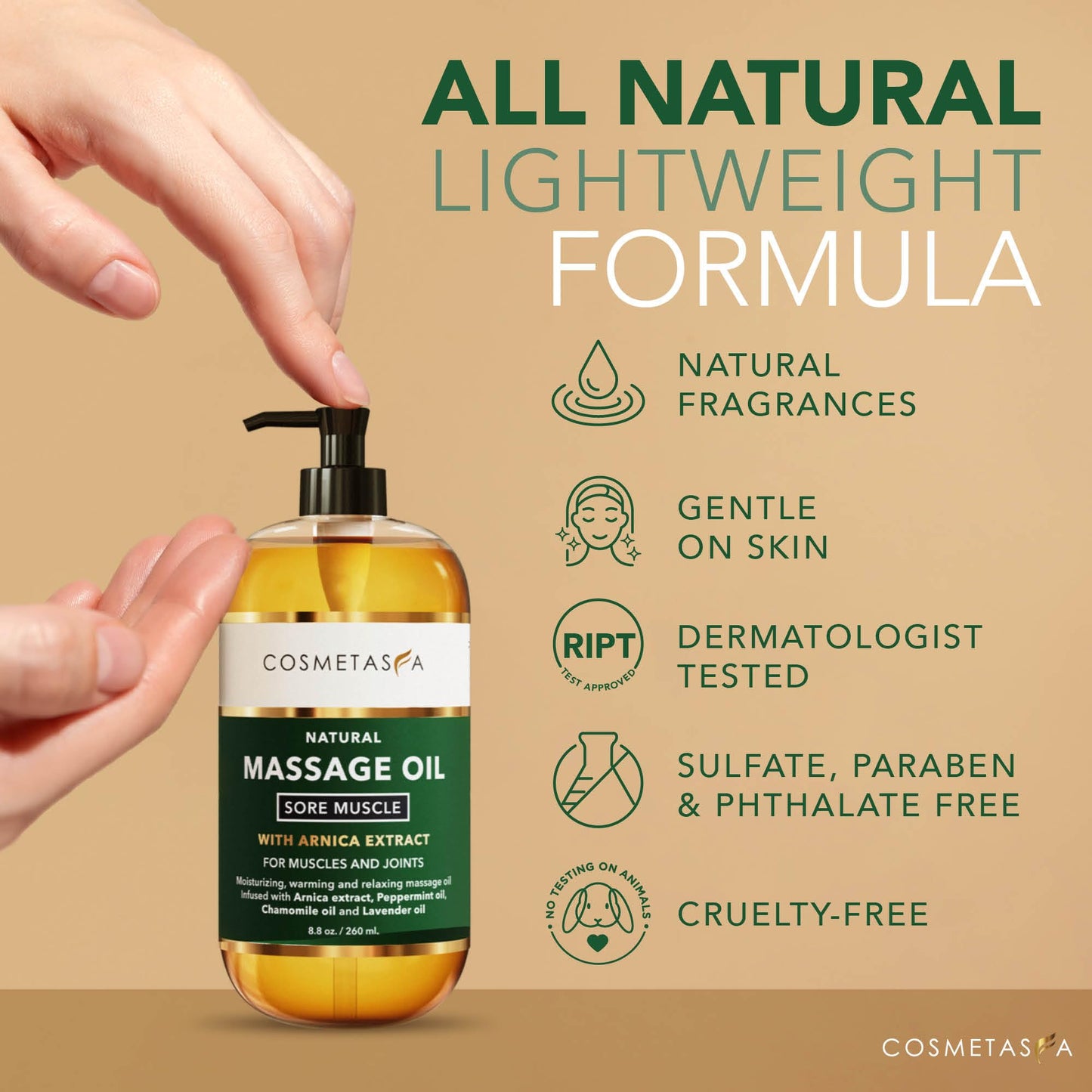 Cosmetasa Sore Muscle Massage Oil 8.8 oz – Arnica, Peppermint & Lavender