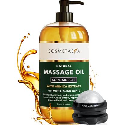 Cosmetasa Sore Muscle Massage Oil with Roller – All-Natural, Cruelty-Free (8.8 oz) Arnica, Lavender & Chamomile