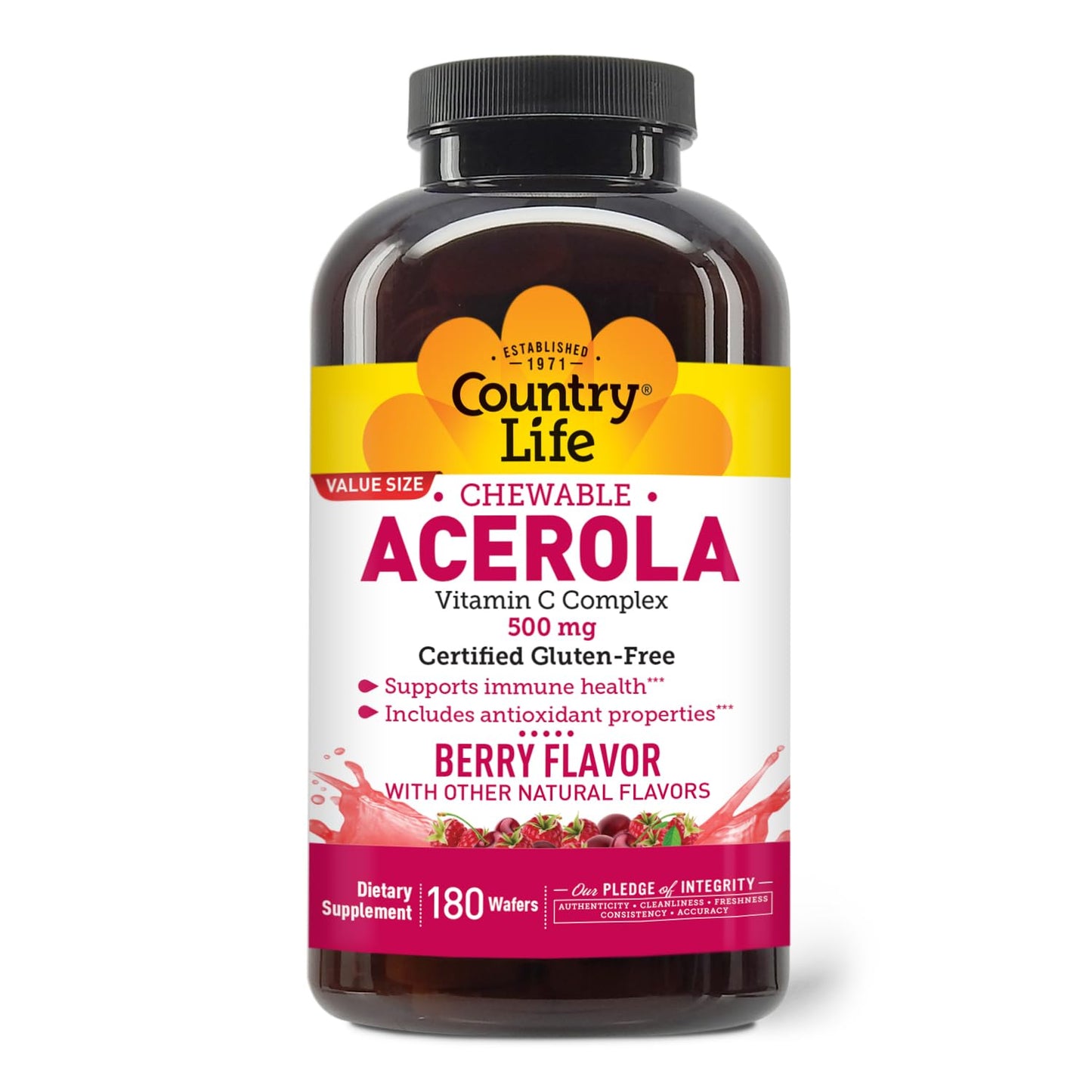 Country Life Acerola Vitamin C Complex - 500mg Berry Chewables for Immune Support, GFCO Gluten Free, AVA Vegan