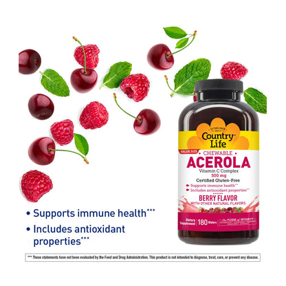 Country Life Acerola Vitamin C Complex - 500mg Berry Chewables for Immune Support, GFCO Gluten Free, AVA Vegan