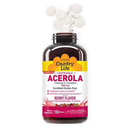 Country Life Acerola Vitamin C Complex - 500mg Berry Chewables for Immune Support, GFCO Gluten Free, AVA Vegan