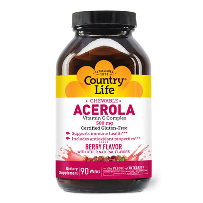 Country Life Acerola Vitamin C Complex – 500 mg Berry Chewables, 90 Wafers, GFCO & AVA