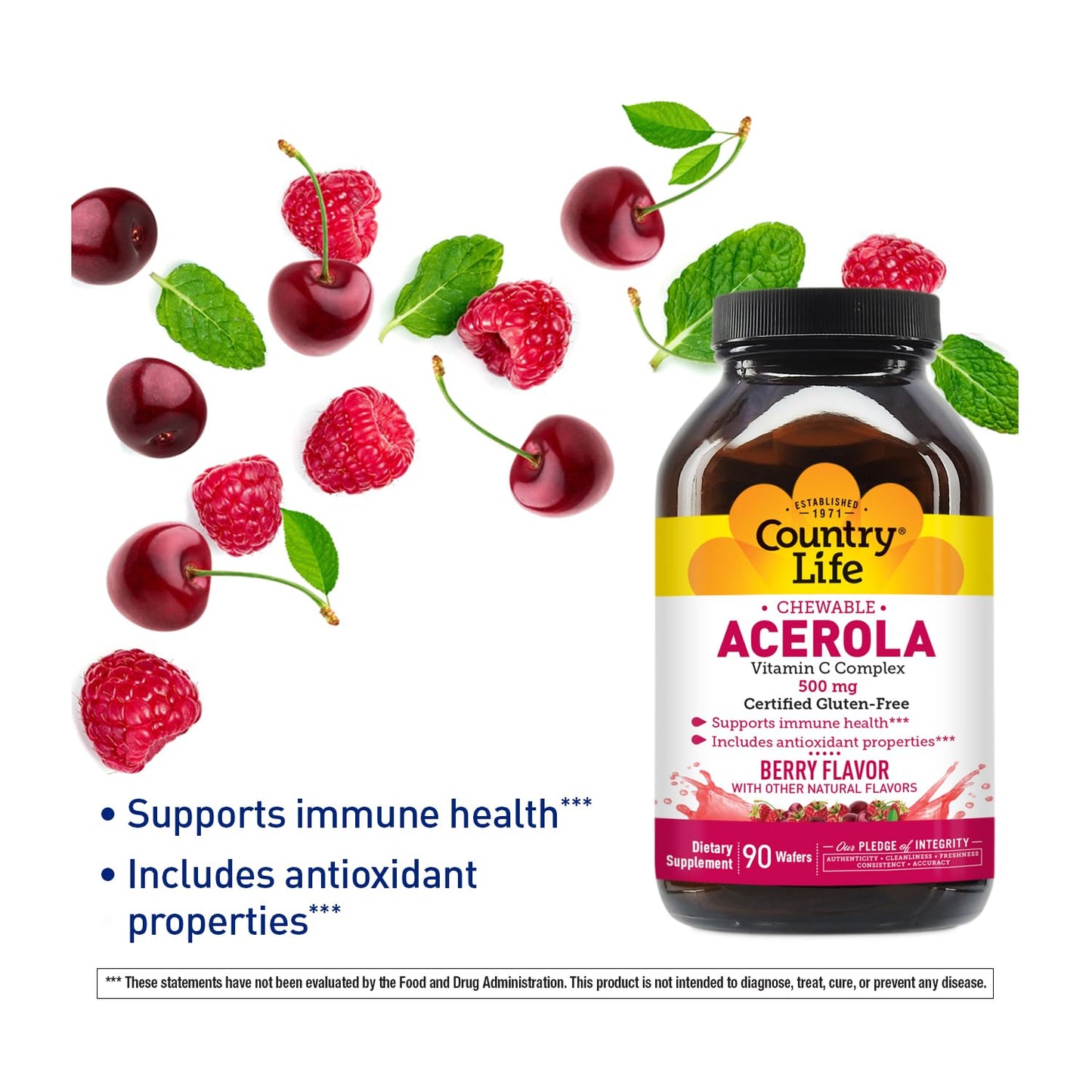 Country Life Acerola Vitamin C Complex – 500 mg Berry Chewables, 90 Wafers, GFCO & AVA