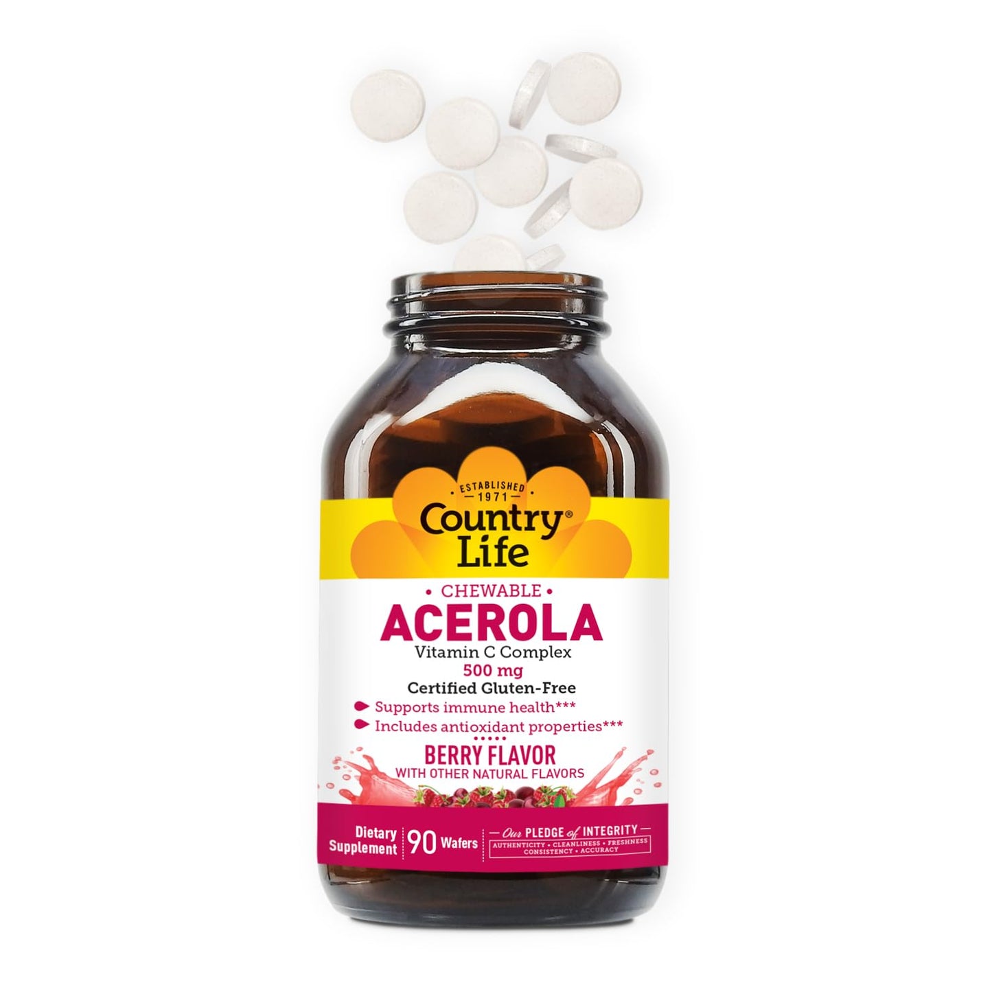 Country Life Acerola Vitamin C Complex – 500 mg Berry Chewables, 90 Wafers, GFCO & AVA