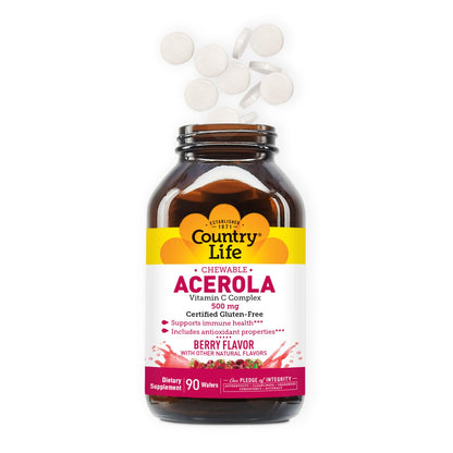 Country Life Acerola Vitamin C Complex – 500 mg Berry Chewables, 90 Wafers, GFCO & AVA
