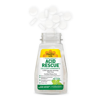 Country Life Acid Rescue Chewable Tablets – Certified Vegan & Gluten-Free Heartburn Relief, 400mg Calcium & Magnesium
