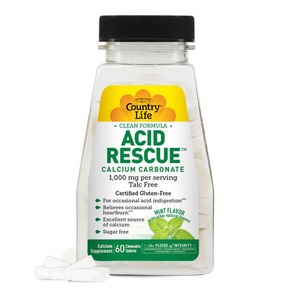 Country Life Acid Rescue Chewable Tablets – Vegan, Gluten-Free Heartburn Relief with 400mg Calcium & Magnesium | Mint Flavor