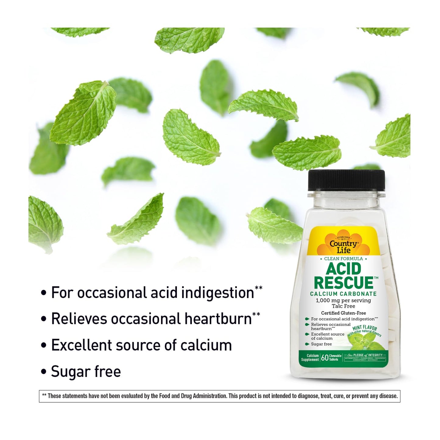 Country Life Acid Rescue Chewable Tablets – Vegan, Gluten-Free Heartburn Relief with 400mg Calcium & Magnesium | Mint Flavor