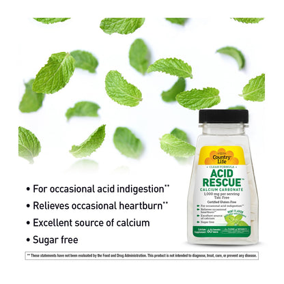 Country Life Acid Rescue Chewable Tablets – Vegan, Gluten-Free Heartburn Relief with 400mg Calcium & Magnesium | Mint Flavor
