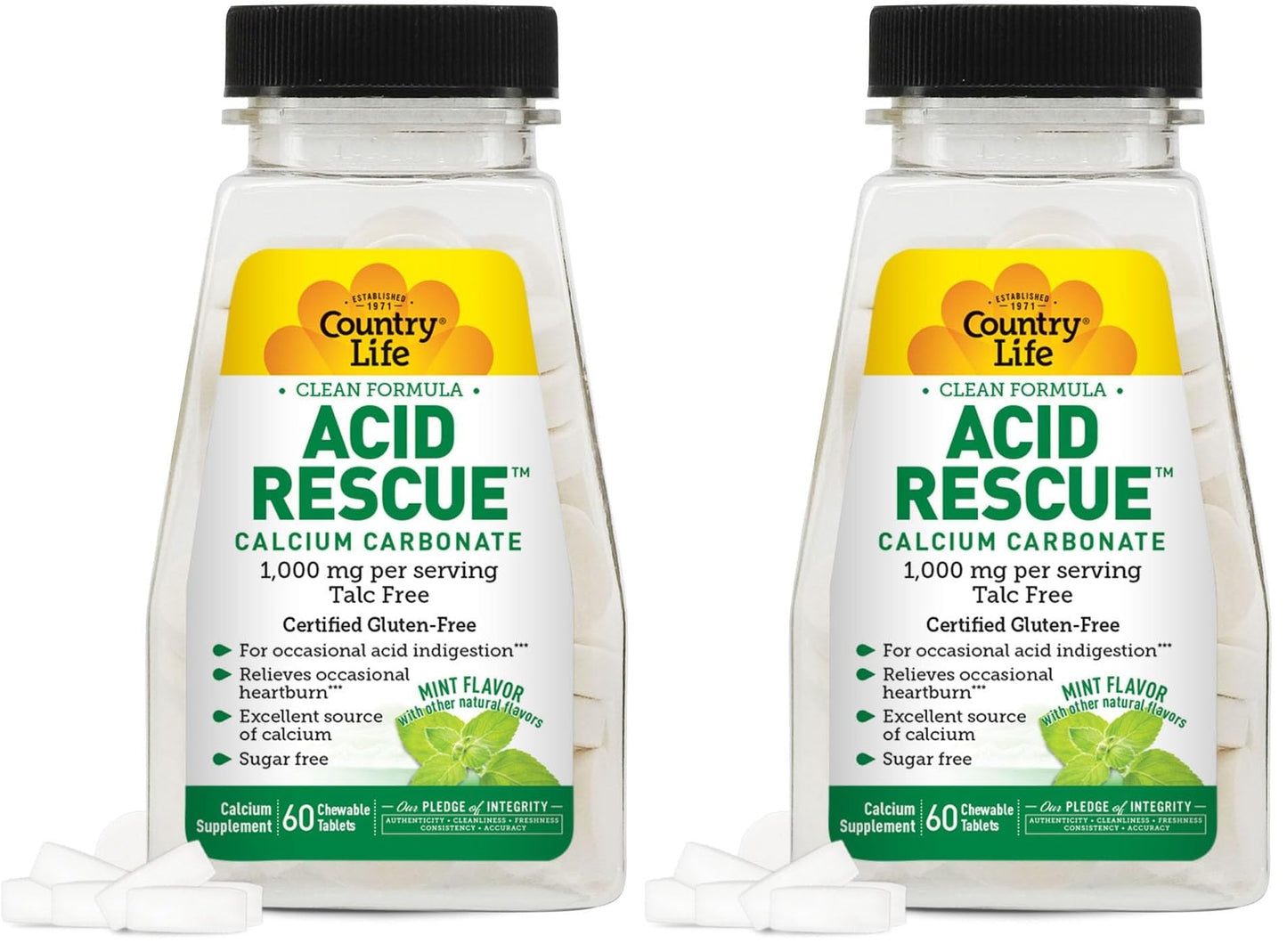 Country Life Acid Rescue Chewable Tablets – Certified Vegan & Gluten-Free Heartburn Relief, 400mg Calcium & Magnesium