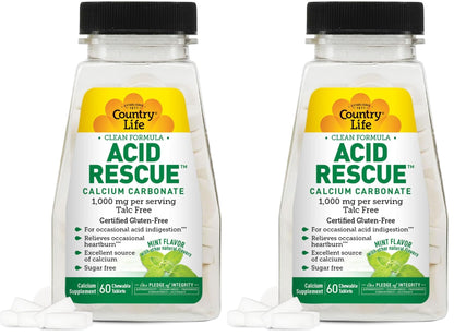 Country Life Acid Rescue Chewable Tablets – Certified Vegan & Gluten-Free Heartburn Relief, 400mg Calcium & Magnesium