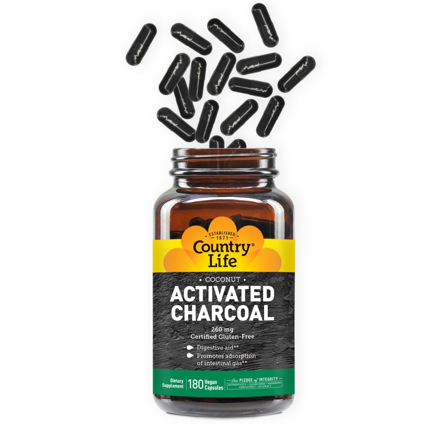 Country Life Activated Organic Coconut Charcoal Capsules, 260mg – Natural Charcoal Supplement for Gas and Bloating Relief, Gluten-Free, 180 Vegan Capsules