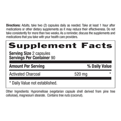 Country Life Activated Organic Coconut Charcoal Capsules, 260mg – Natural Charcoal Supplement for Gas and Bloating Relief, Gluten-Free, 180 Vegan Capsules