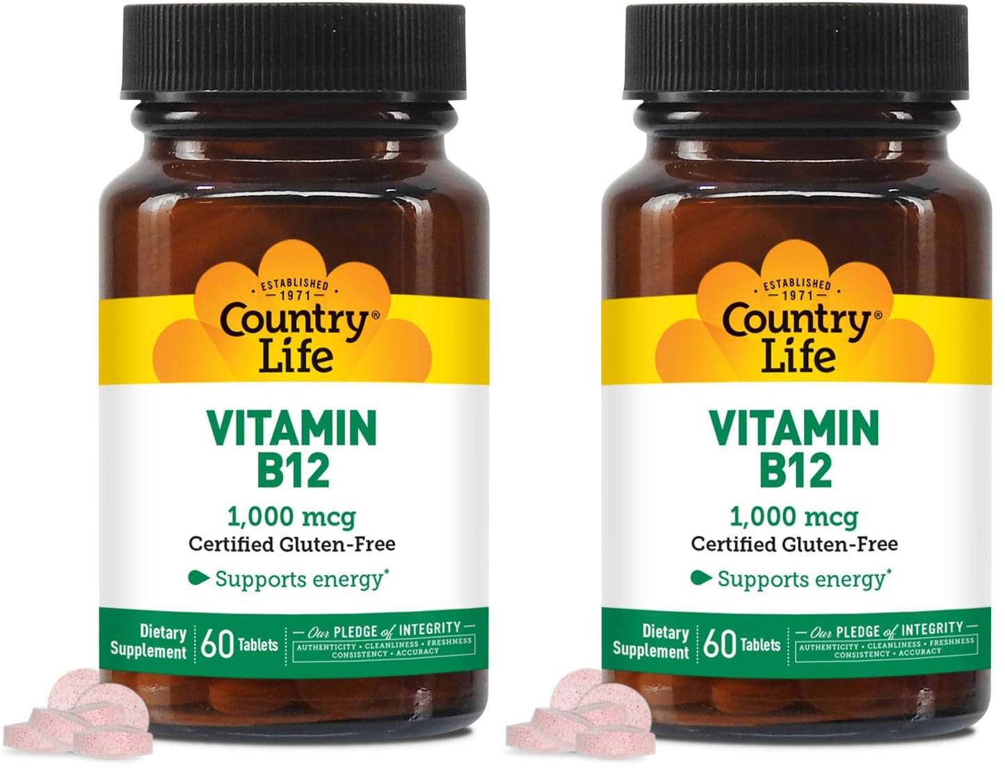 Country Life Vitamin B12 1000 mcg – Vegan, Gluten-Free, 60 Tablets (Pack of 2)