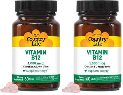 Country Life Vitamin B12 1000 mcg – Vegan, Gluten-Free, 60 Tablets (Pack of 2)