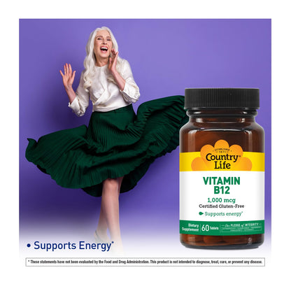 Country Life Vitamin B12 1000 mcg – Vegan, Gluten-Free, 60 Tablets (Pack of 2)