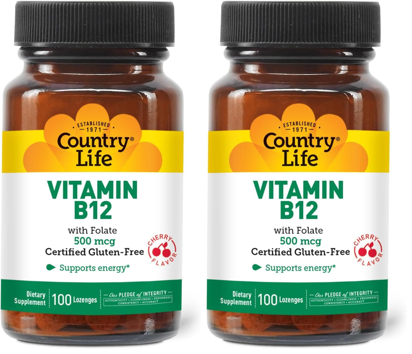 Country Life Vitamin B12 with Folate 500mcg – 100 Lozenges | Gluten Free, Vegan, Halal (Pack of 2)