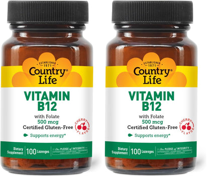 Country Life Vitamin B12 with Folate 500mcg – 100 Lozenges | Gluten Free, Vegan, Halal (Pack of 2)