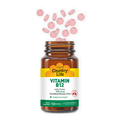 Country Life Vitamin B12 with Folate 500mcg – 100 Lozenges | Gluten Free, Vegan, Halal (Pack of 2)