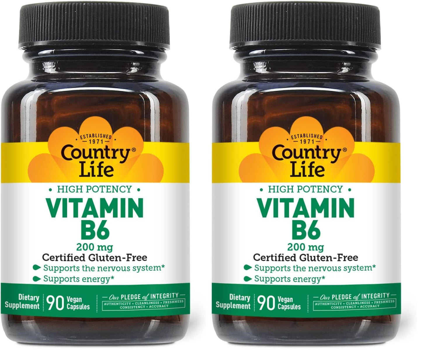 Country Life Vitamin B-6 200 mg High Potency – 90 Vegan Capsules (Pack of 2) | Gluten Free, Vegan, Halal
