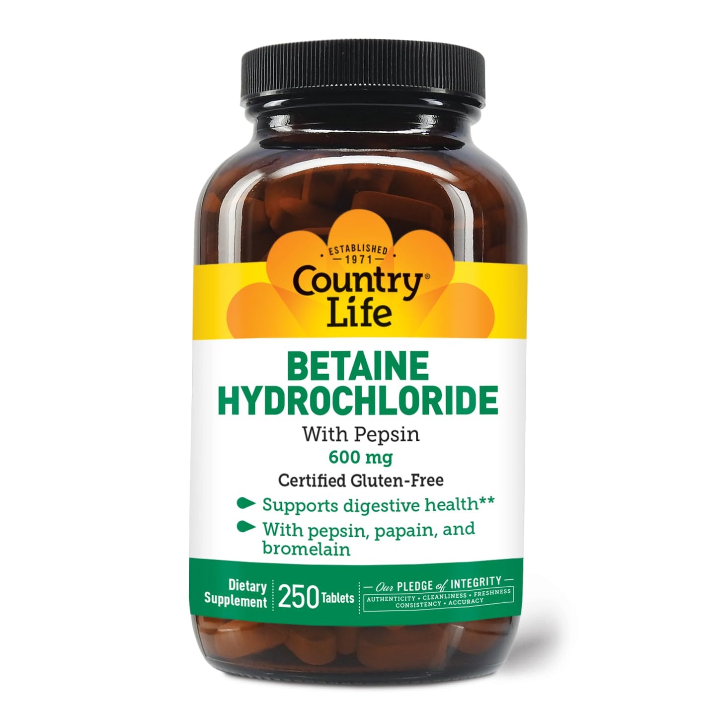 Country Life Betaine HCl with Pepsin 600 mg – 250 Tablets | Digestive Support