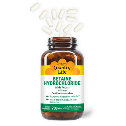 Country Life Betaine HCl with Pepsin 600 mg – 250 Tablets | Digestive Support