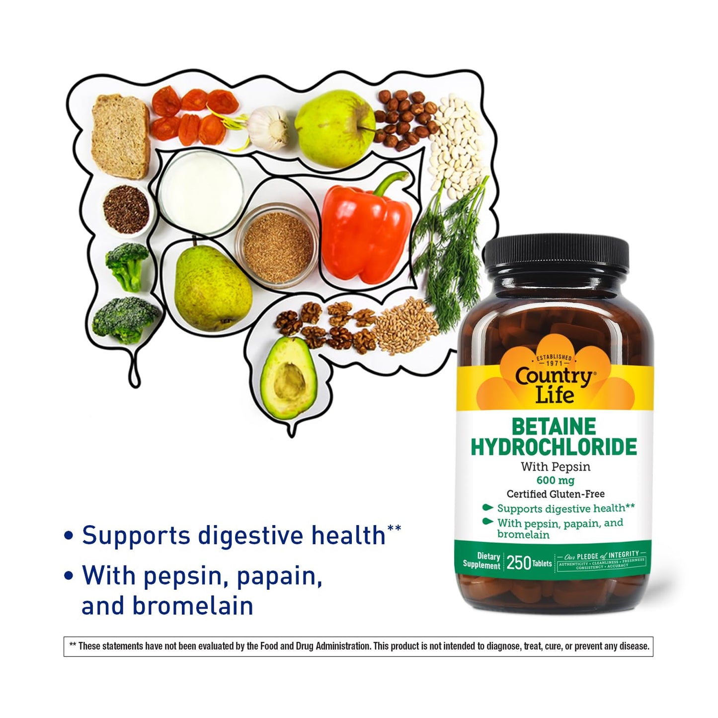 Country Life Betaine HCl with Pepsin 600 mg – 250 Tablets | Digestive Support