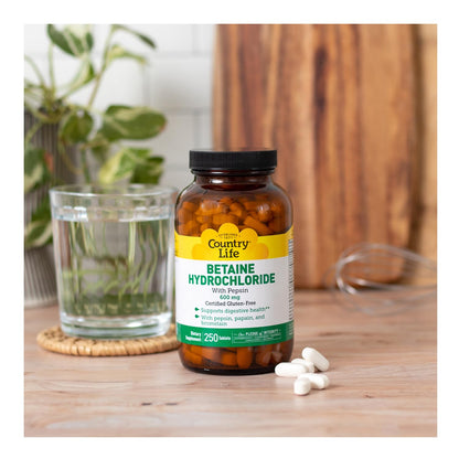 Country Life Betaine HCl with Pepsin 600 mg – 250 Tablets | Digestive Support
