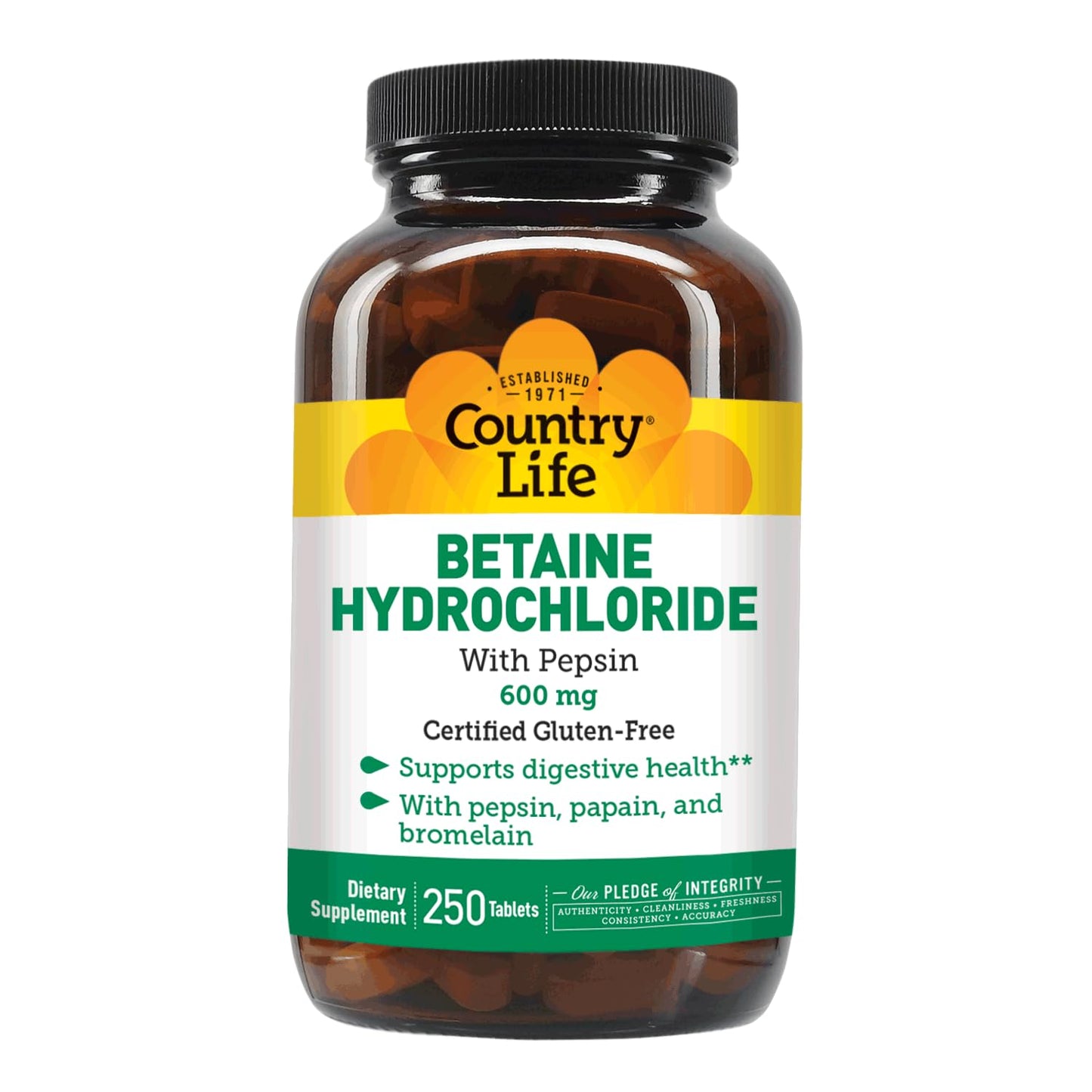 Country Life Betaine HCl with Pepsin 600 mg – 250 Tablets | Digestive Support