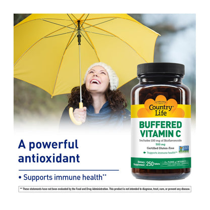 Country Life Vitamin C Buffered with Bioflavonoids - 500mg, 250 Tablets | Gluten Free & Vegan