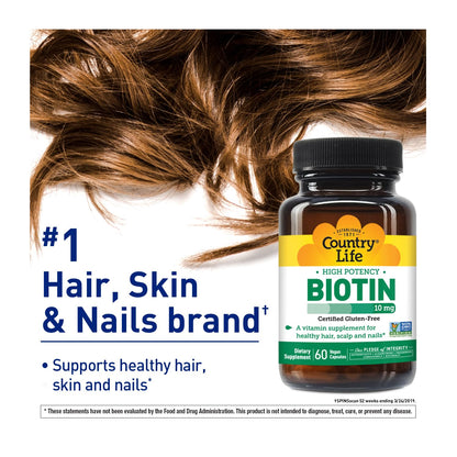 Country Life Biotin 10,000 mcg – Gluten Free, Hair, Skin & Nails – 60 Count