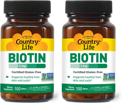 Country Life Biotin 1mg – Healthy Hair, Skin & Nails (Pack of 2) | Gluten Free, Vegan, Halal, Non-GMO