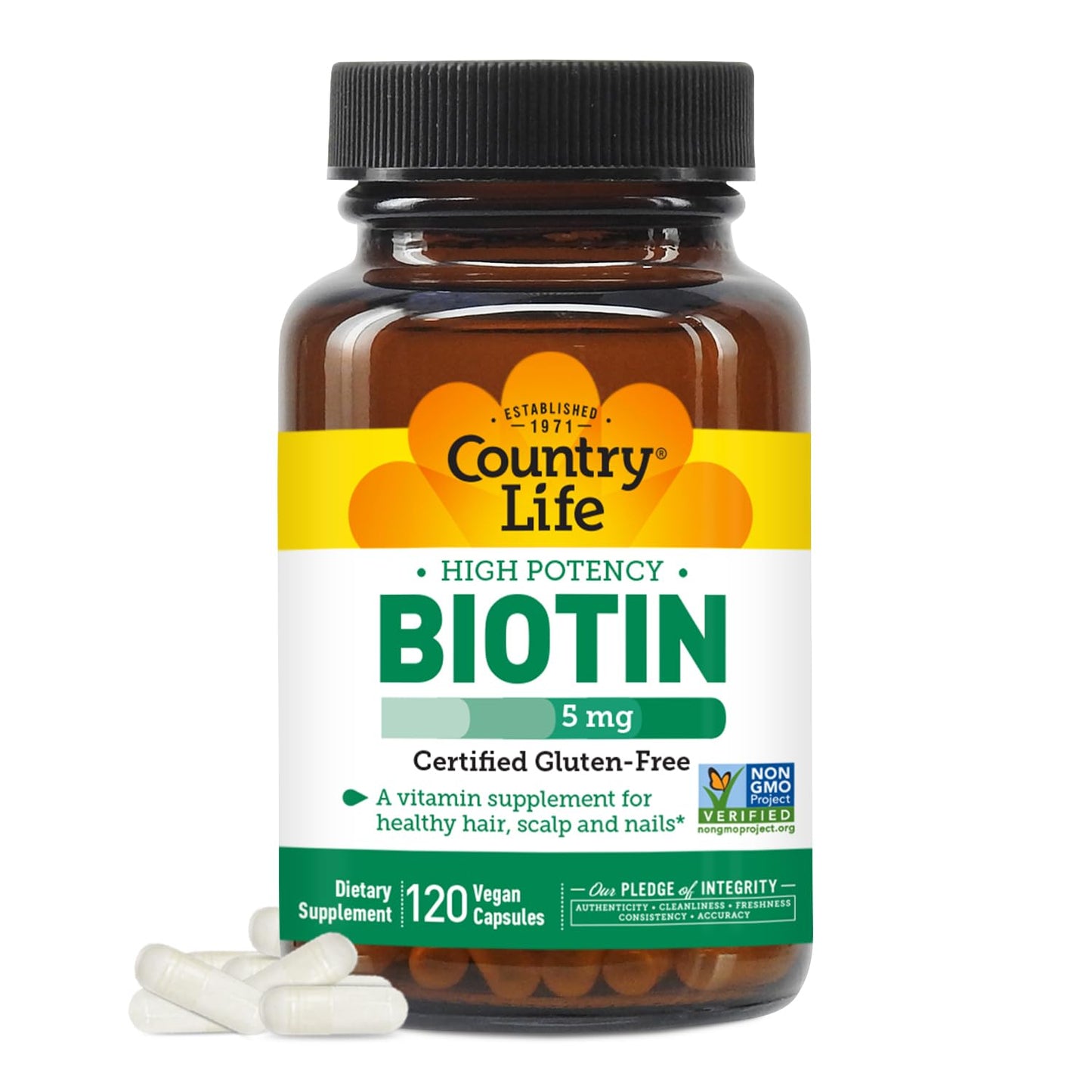 Country Life Biotin High Potency 5 mg – 120 Veg Capsules | Gluten Free, Vegan, Non-GMO