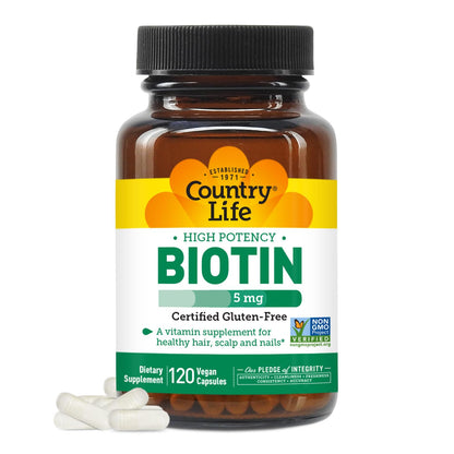 Country Life Biotin High Potency 5 mg – 120 Veg Capsules | Gluten Free, Vegan, Non-GMO