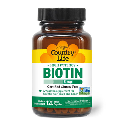 Country Life Biotin High Potency 5 mg – 120 Veg Capsules | Gluten Free, Vegan, Non-GMO