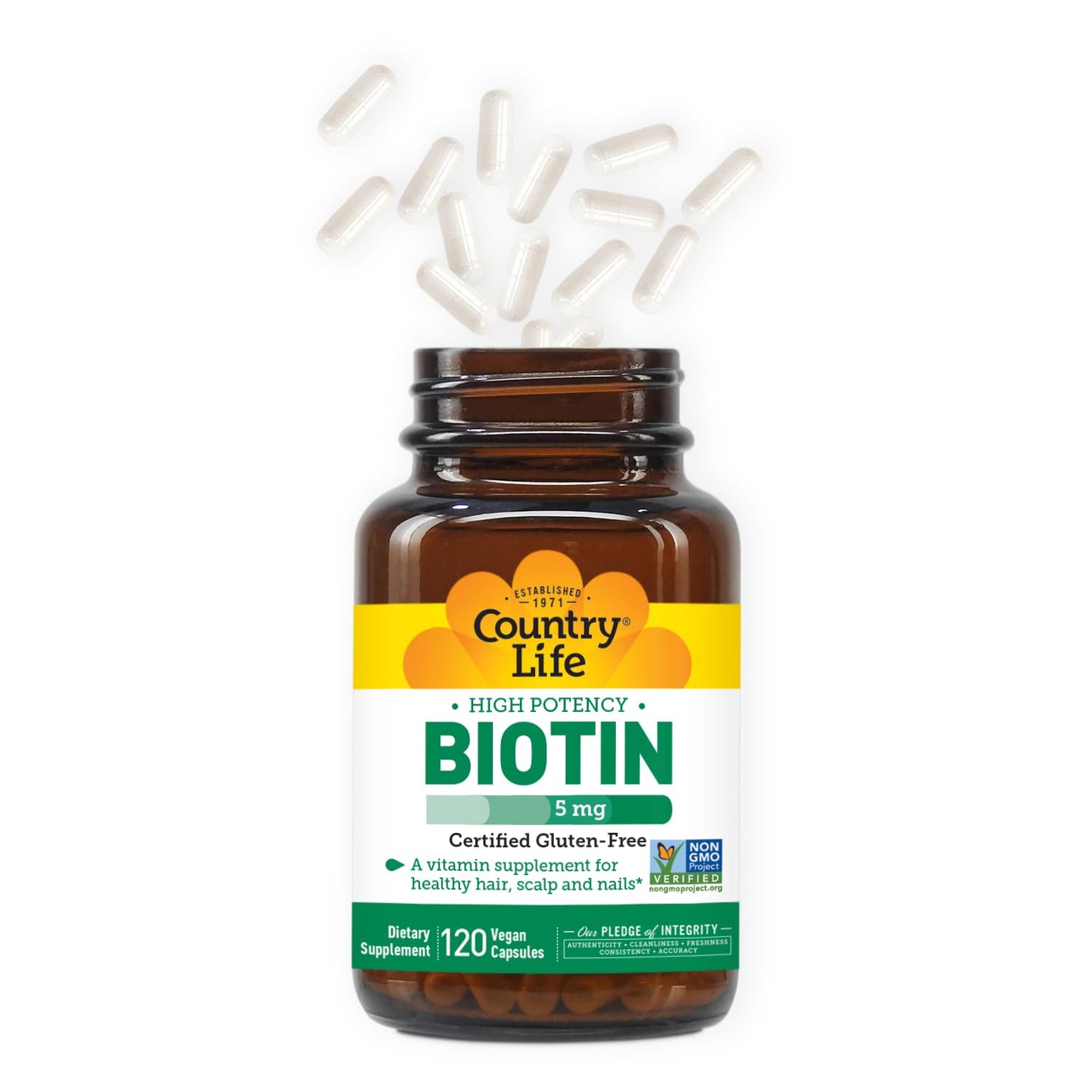 Country Life Biotin High Potency 5 mg – 120 Veg Capsules | Gluten Free, Vegan, Non-GMO