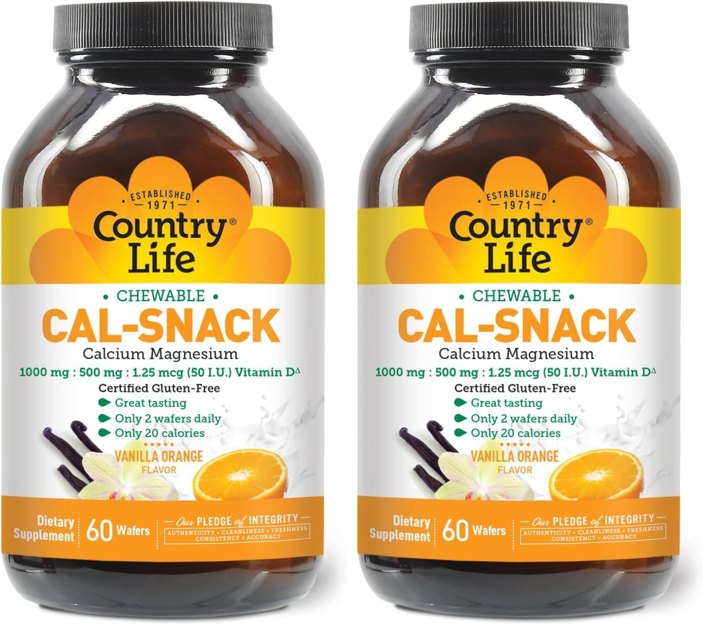 Country Life Cal-Snack – Chewable Calcium Magnesium + Vitamin D (Dairy-Free, Vegan, Gluten-Free) – Vanilla Orange – Pack of 2