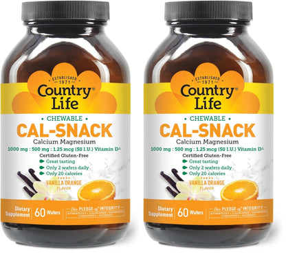 Country Life Cal-Snack – Chewable Calcium Magnesium + Vitamin D (Dairy-Free, Vegan, Gluten-Free) – Vanilla Orange – Pack of 2