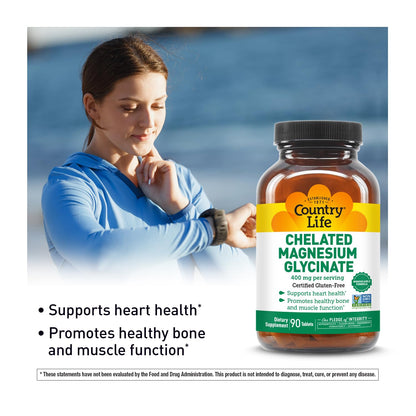 Country Life Chelated Magnesium Glycinate 400mg – High-Absorption, 90 Tablets