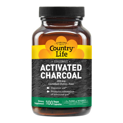 Country Life Coconut Activated Charcoal 260mg – Gas & Bloating Relief, Gluten-Free & Vegan