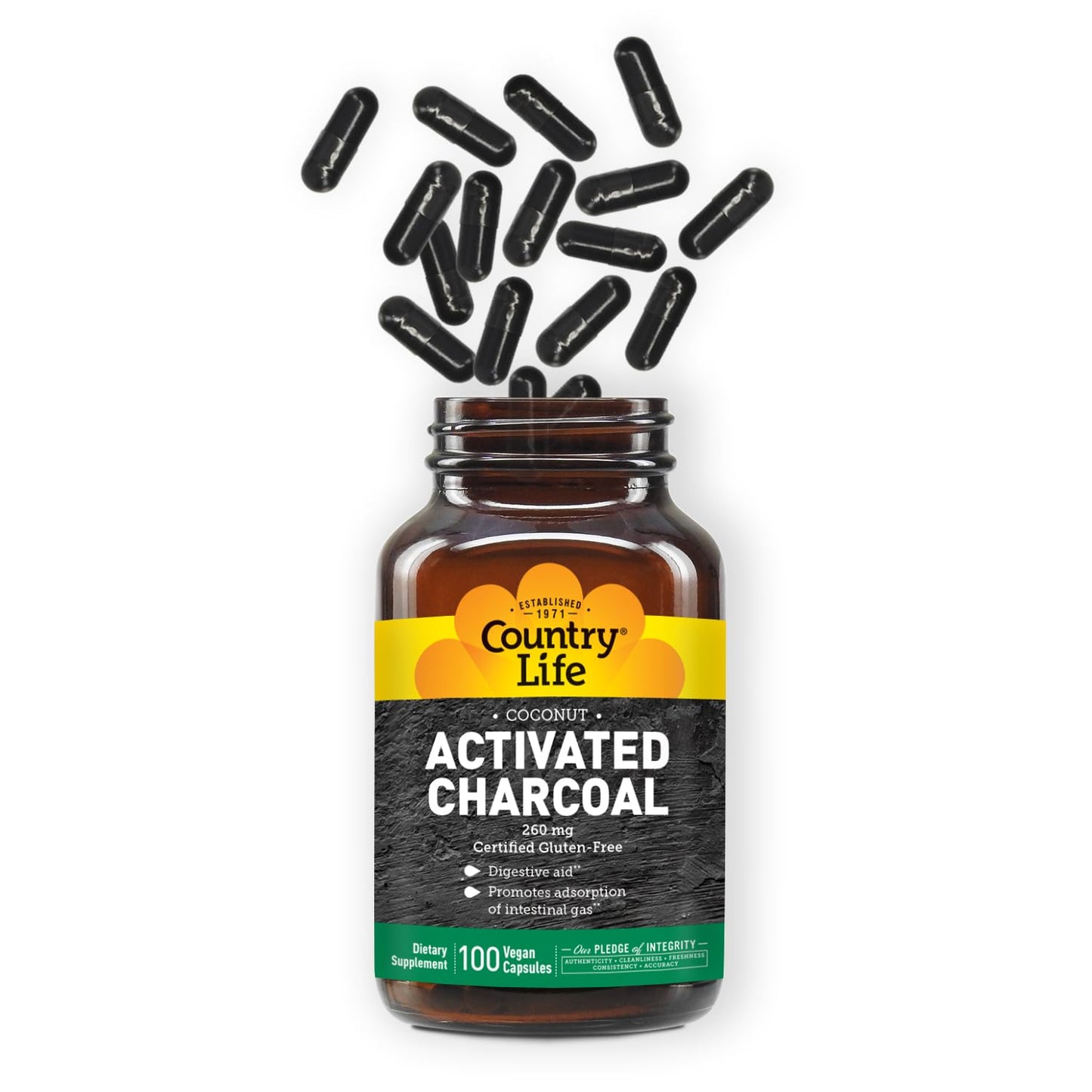 Country Life Coconut Activated Charcoal 260mg – Gas & Bloating Relief, Gluten-Free & Vegan
