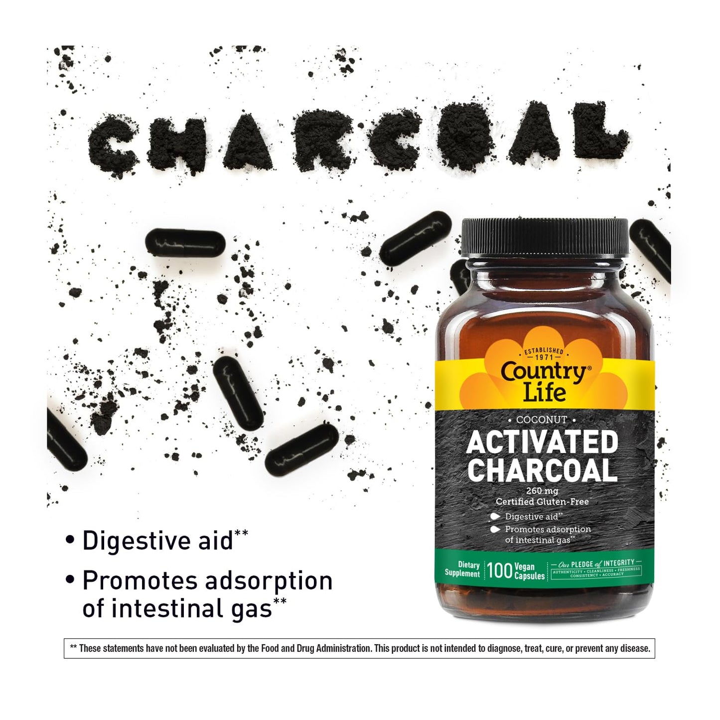 Country Life Coconut Activated Charcoal 260mg – Gas & Bloating Relief, Gluten-Free & Vegan