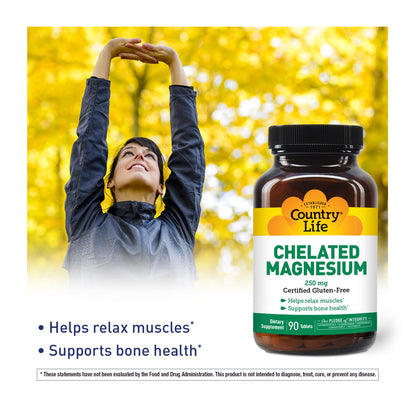 Country Life Chelated Magnesium 250mg – Supports Bone & Immune Health | 90 ct Pack of 2