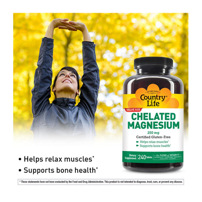 Country Life Chelated Magnesium 250mg – Supports Bone & Immune Health | Daily Supplement 240 ct